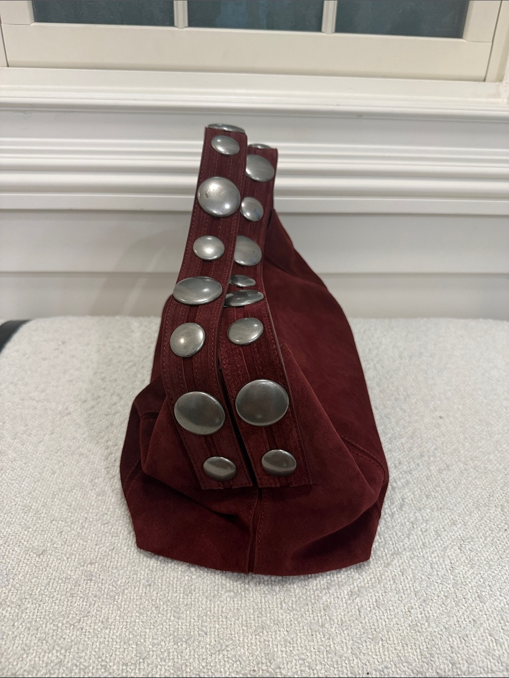 Zara Burgundy Suede Shoulder Bag with Silver Stud Strap - Picture 2 of 7